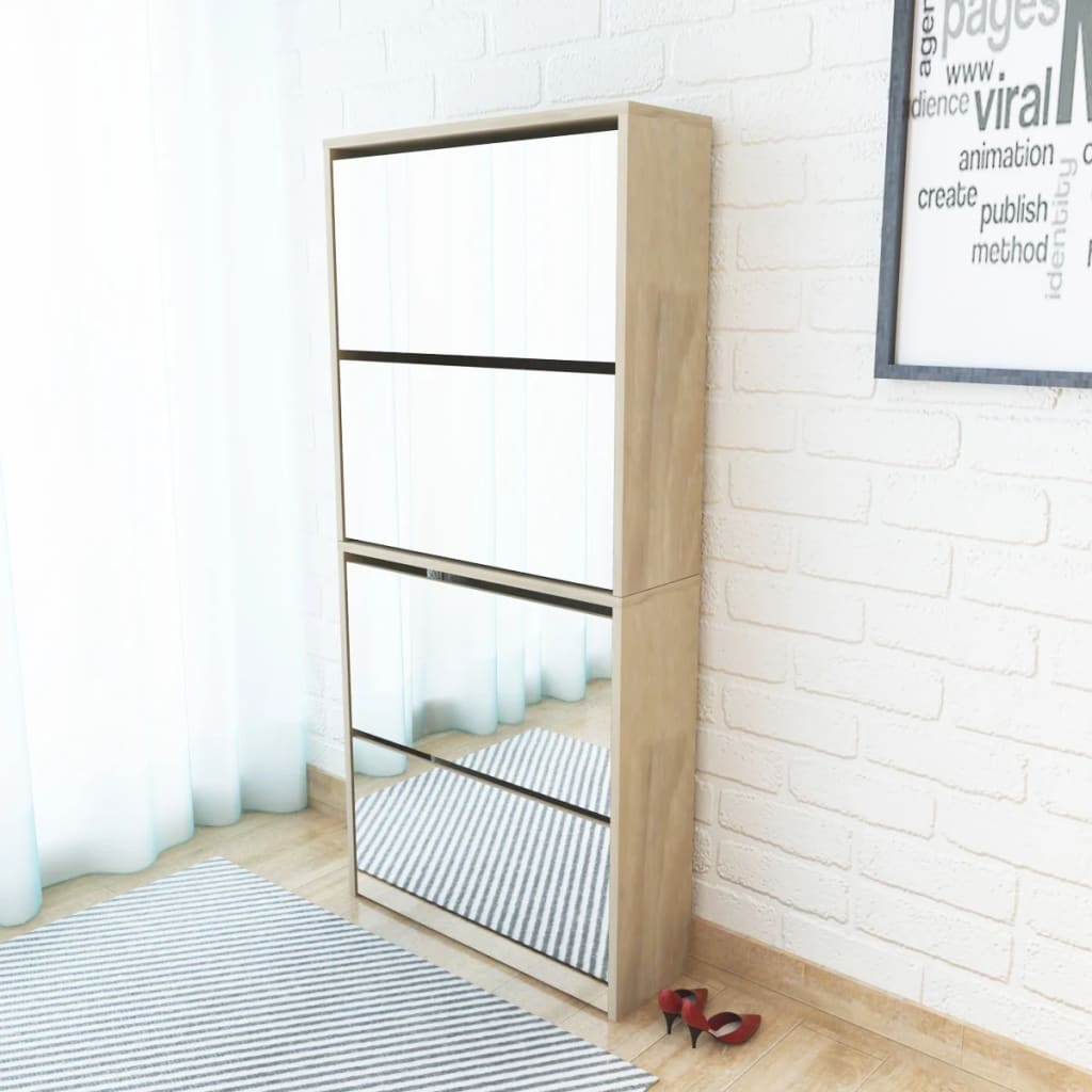 Schuhschrank Mit 4 Fächern Spiegel 63×17×134 Cm