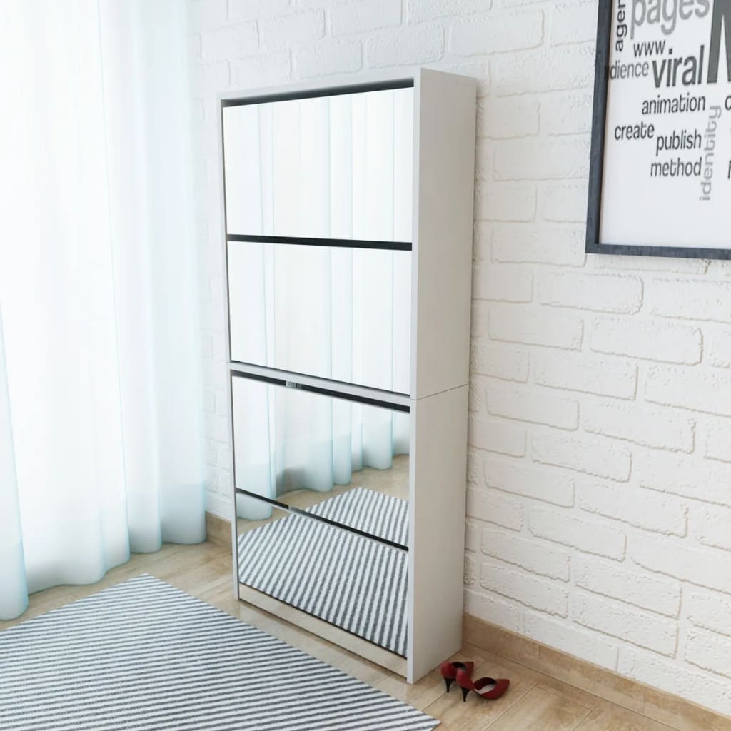 Schuhschrank Mit 4 Fächern Spiegel 63×17×134 Cm