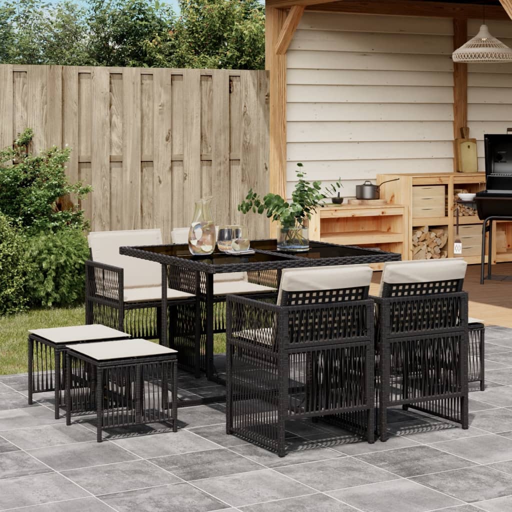 9-Tlg. Garten-Essgruppe Mit Kissen Schwarz Poly Rattan