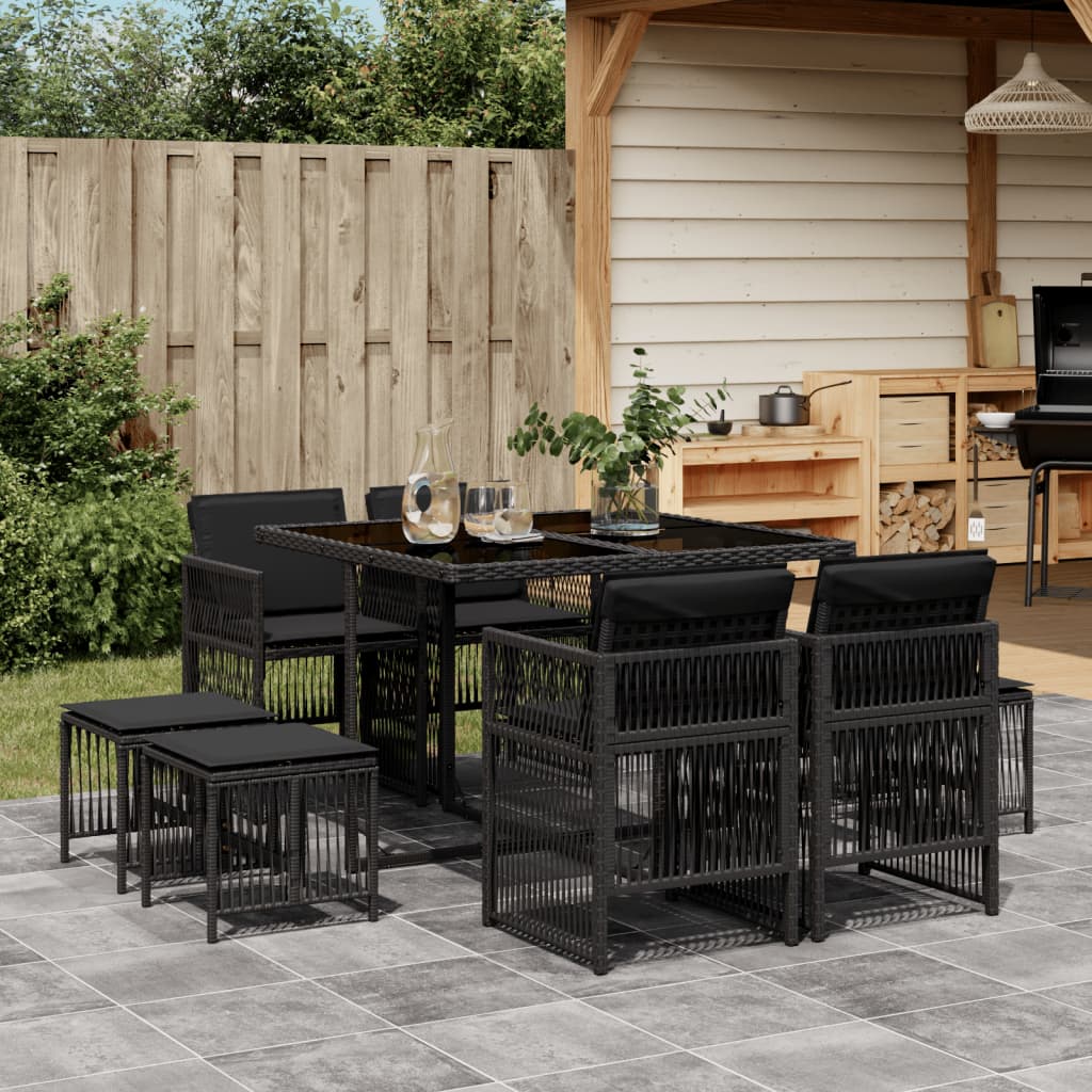 9-Tlg. Garten-Essgruppe Mit Kissen Schwarz Poly Rattan