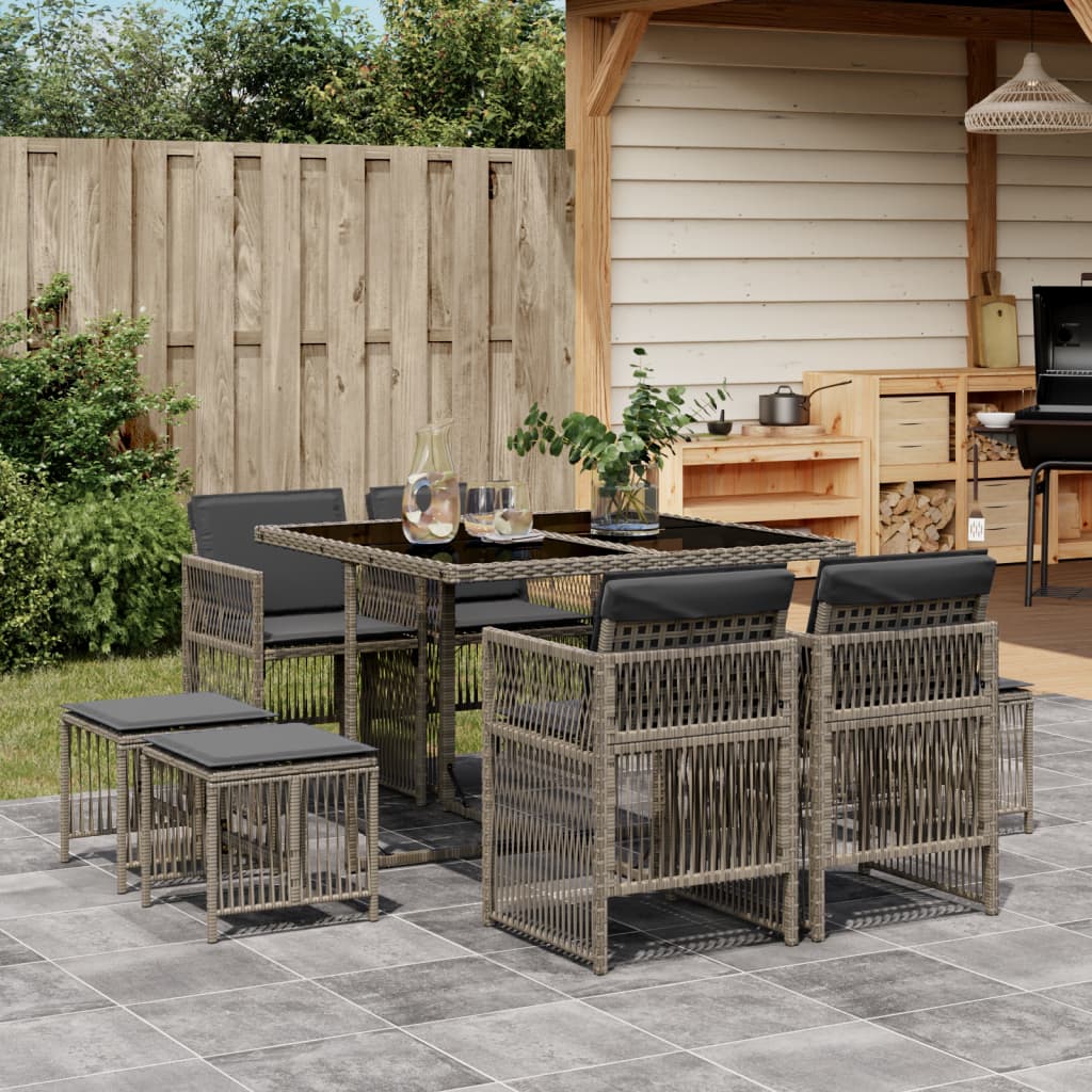 9-Tlg. Garten-Essgruppe Mit Kissen Schwarz Poly Rattan
