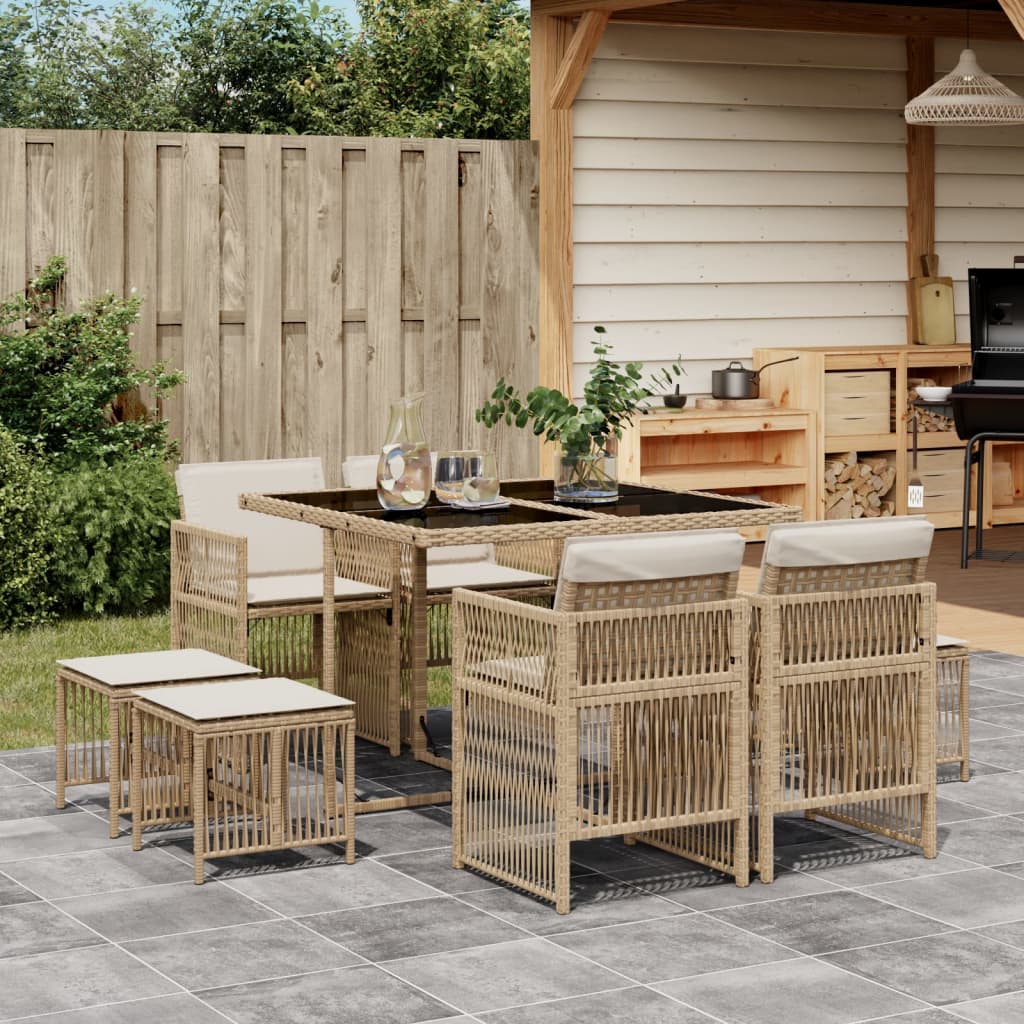 9-Tlg. Garten-Essgruppe Mit Kissen Schwarz Poly Rattan