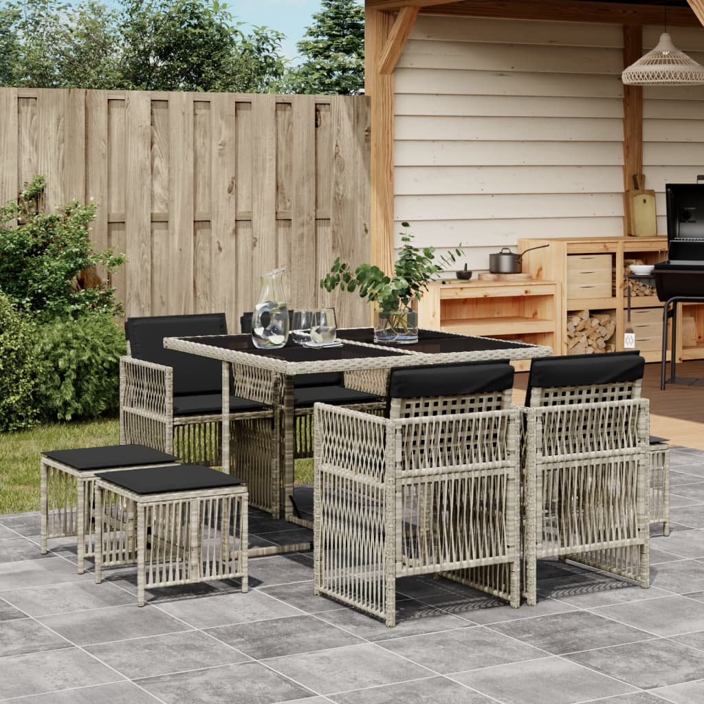 9-Tlg. Garten-Essgruppe Mit Kissen Schwarz Poly Rattan