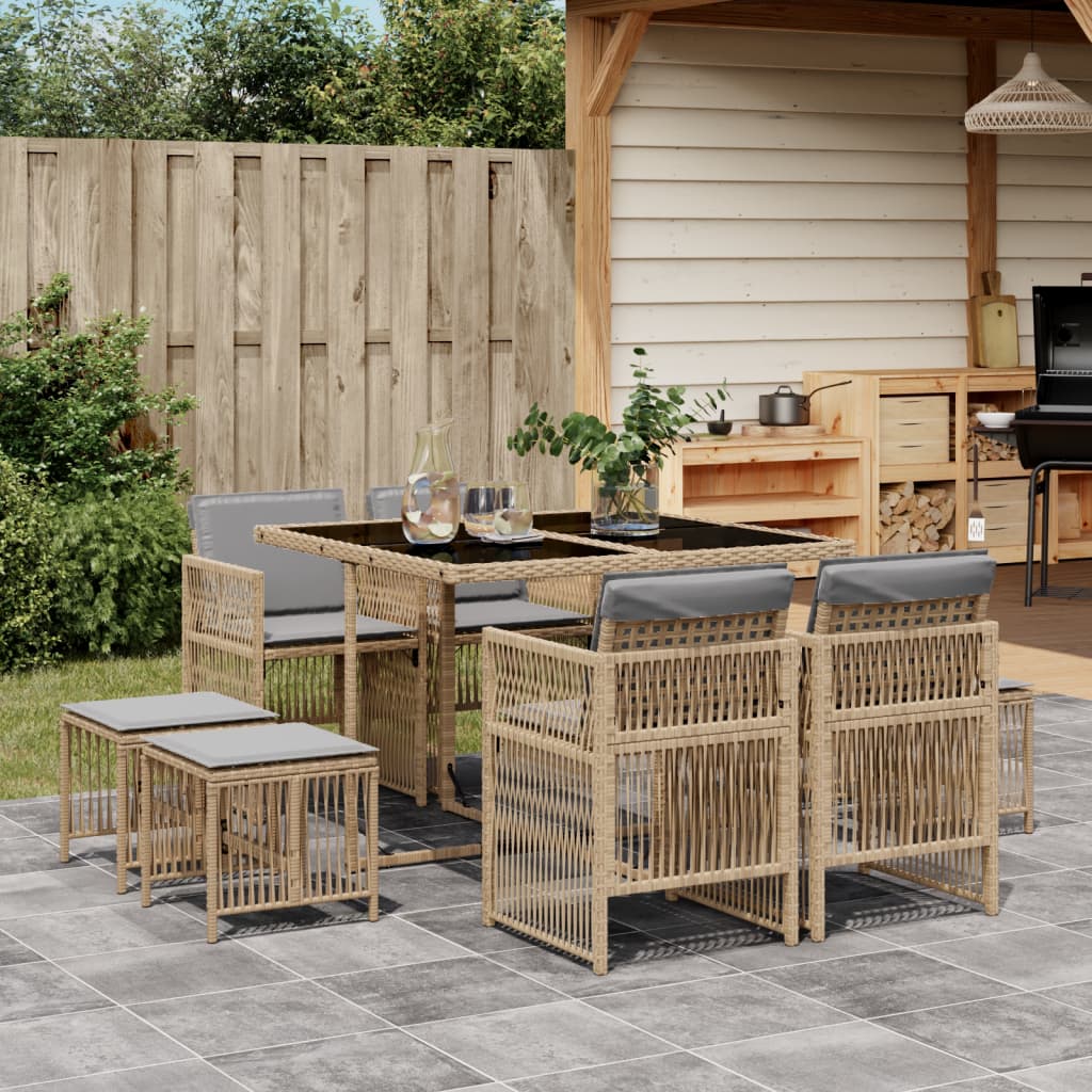 9-Tlg. Garten-Essgruppe Mit Kissen Schwarz Poly Rattan