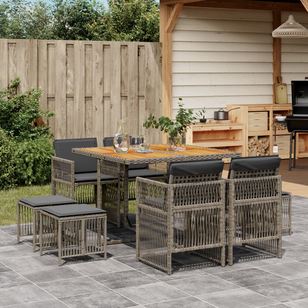 9-Tlg. Garten-Essgruppe Mit Kissen Schwarz Poly Rattan