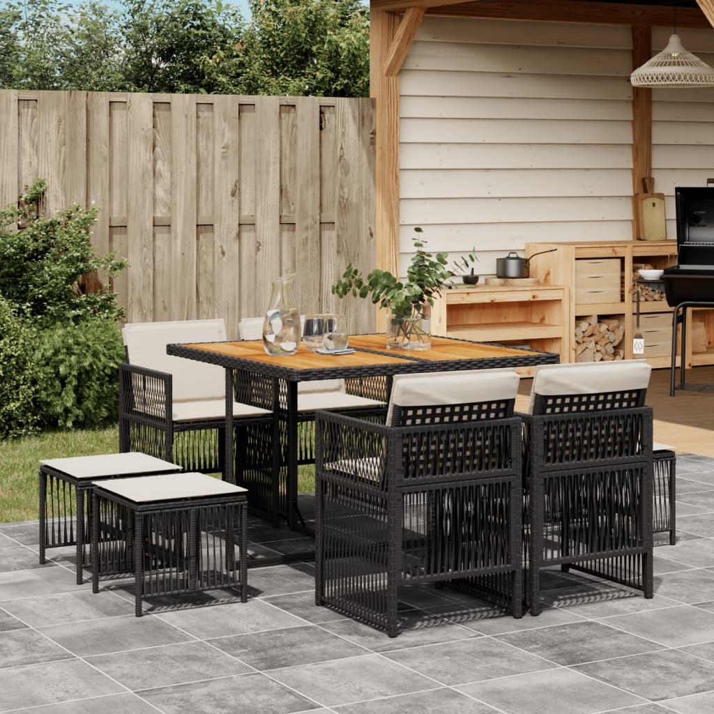 9-Tlg. Garten-Essgruppe Mit Kissen Schwarz Poly Rattan