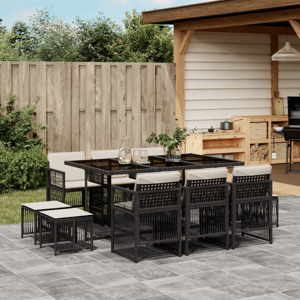 9-Tlg. Garten-Essgruppe Mit Kissen Schwarz Poly Rattan