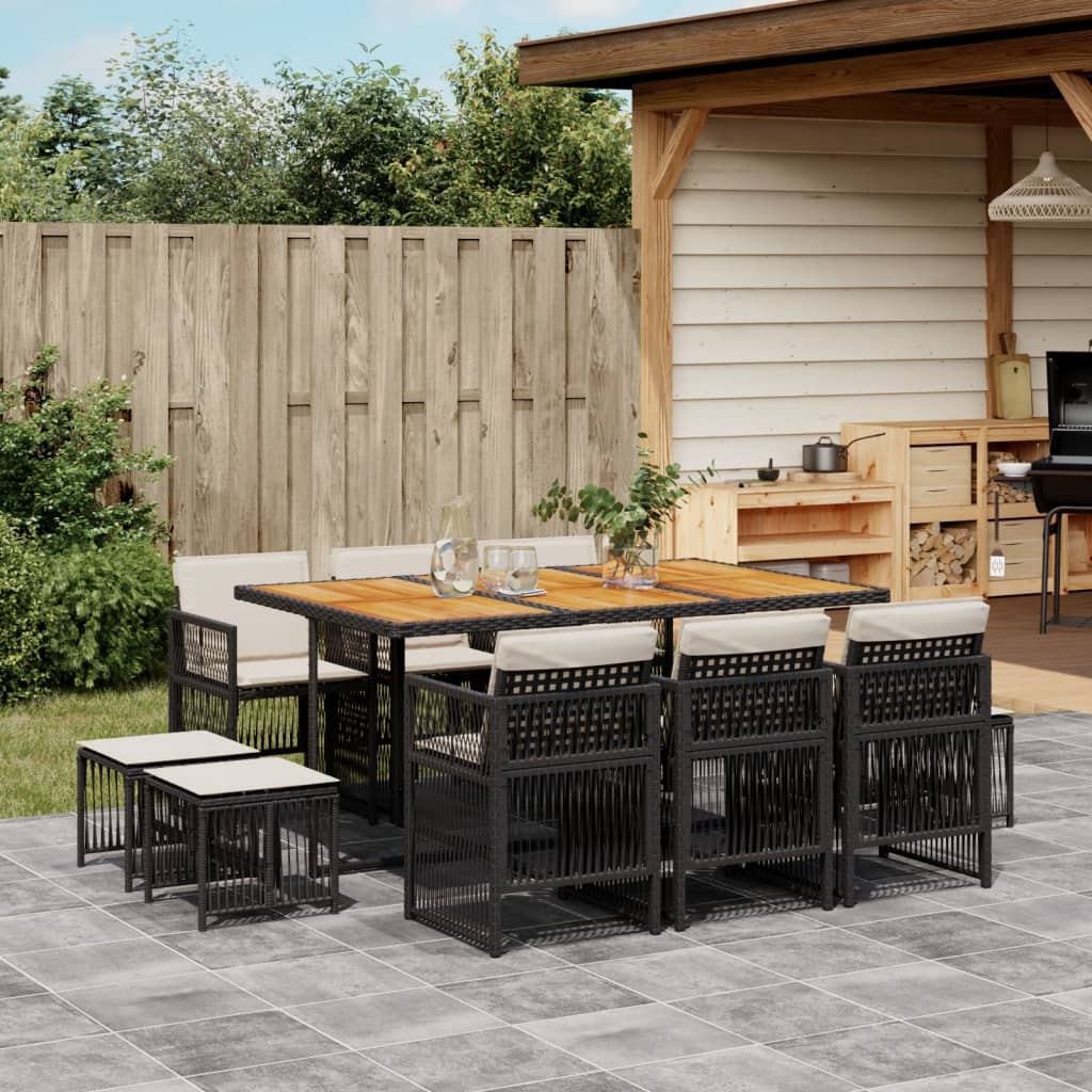 9-Tlg. Garten-Essgruppe Mit Kissen Schwarz Poly Rattan
