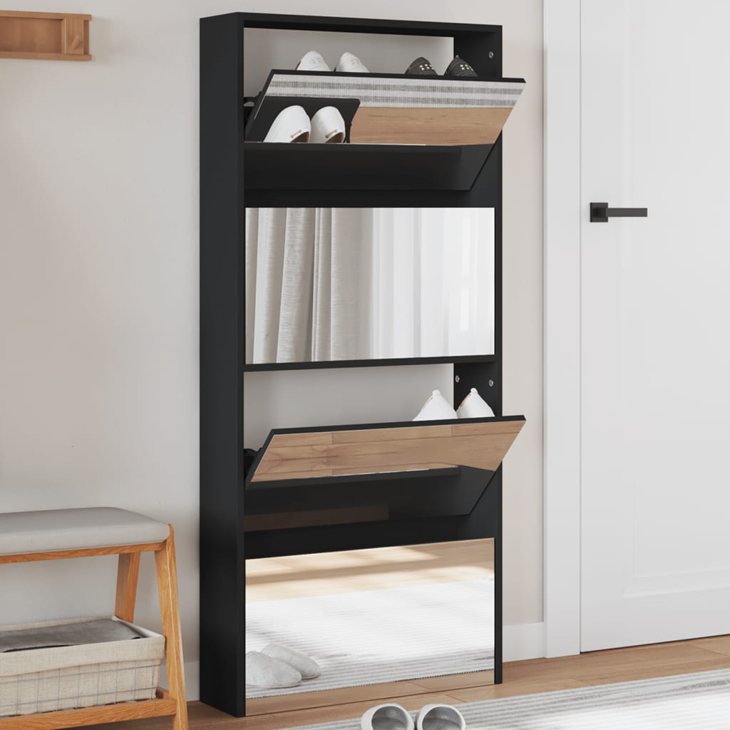 Schuhschrank Mit 4 Fächern Spiegel 63×17×134 Cm