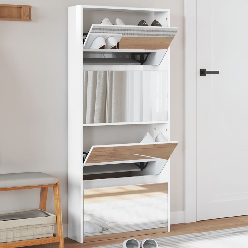Schuhschrank Mit 4 Fächern Spiegel 63×17×134 Cm