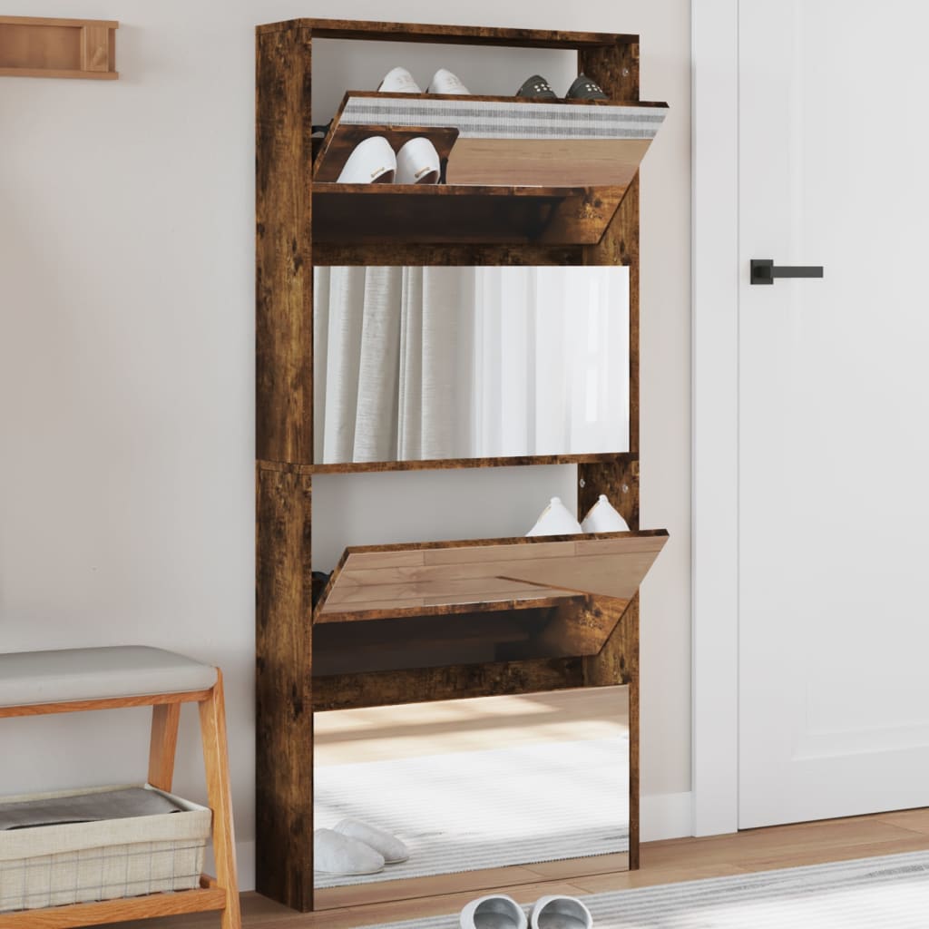 Schuhschrank Mit 4 Fächern Spiegel 63×17×134 Cm