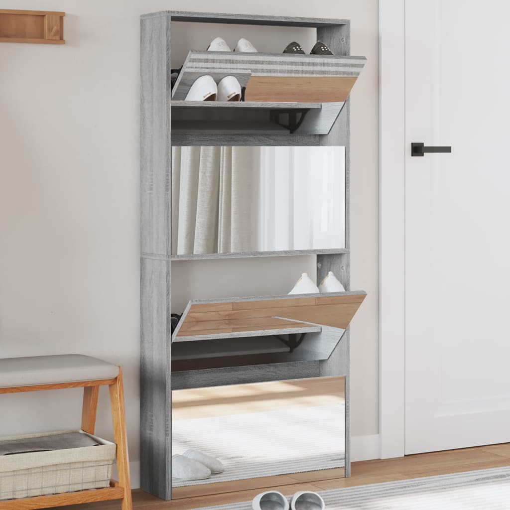 Schuhschrank Mit 4 Fächern Spiegel 63×17×134 Cm
