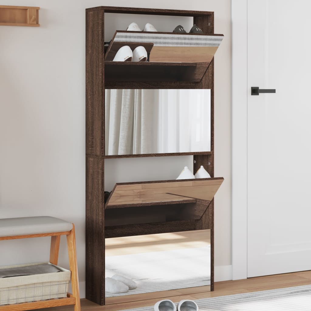 Schuhschrank Mit 4 Fächern Spiegel 63×17×134 Cm