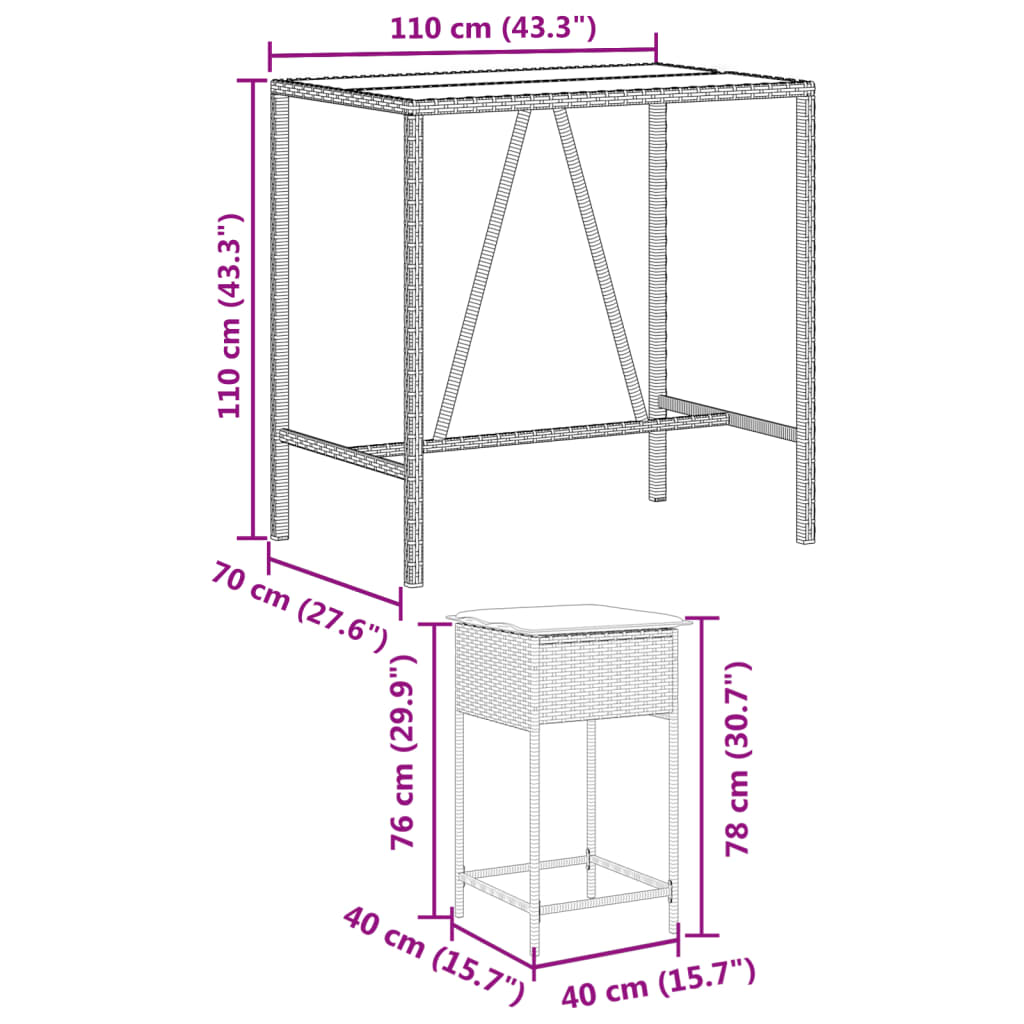 7-Tlg. Gartenbar-Set Mit Kissen Poly Rattan