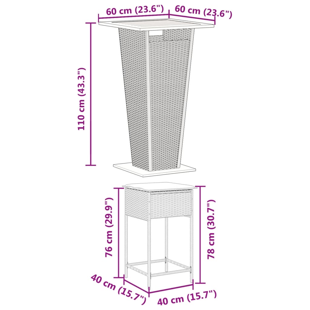 3-Tlg. Gartenbar-Set Mit Kissen Poly Rattan