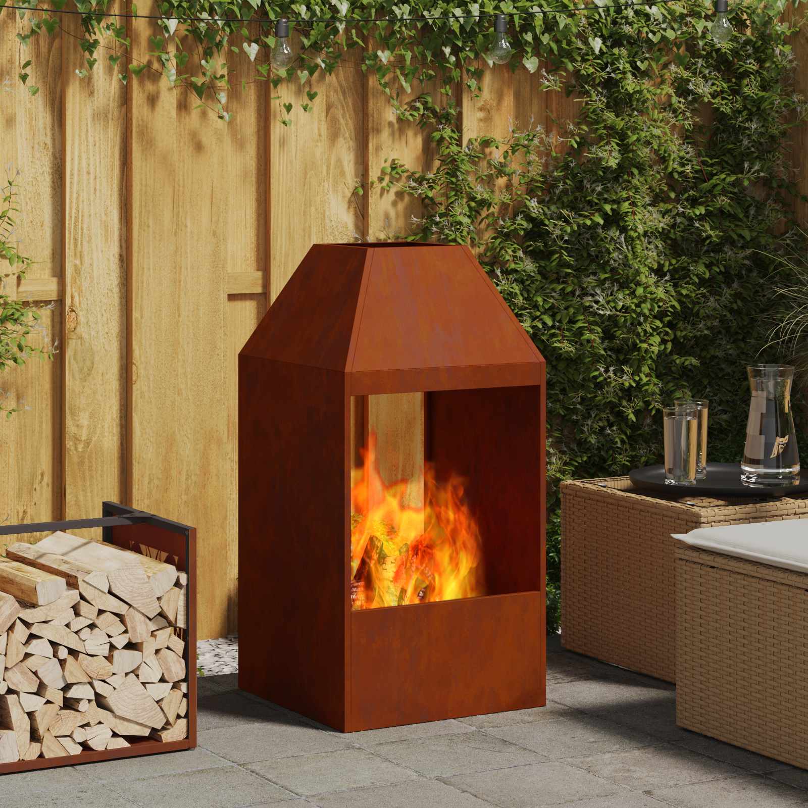 Feuerstelle Schwarz 50 X 50 X 100 Cm Wetterfeststahl