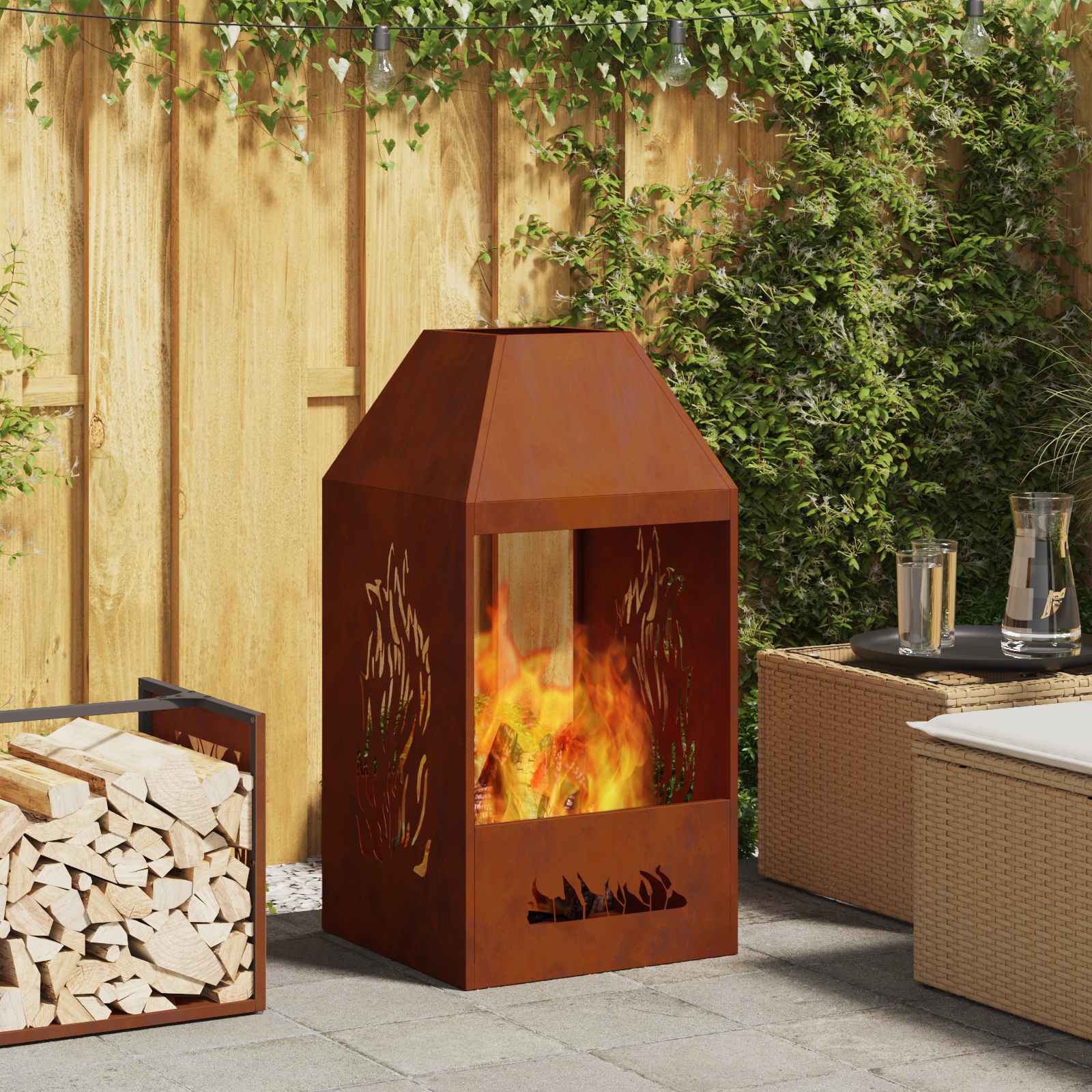 Feuerstelle Schwarz 50 X 50 X 100 Cm Wetterfeststahl