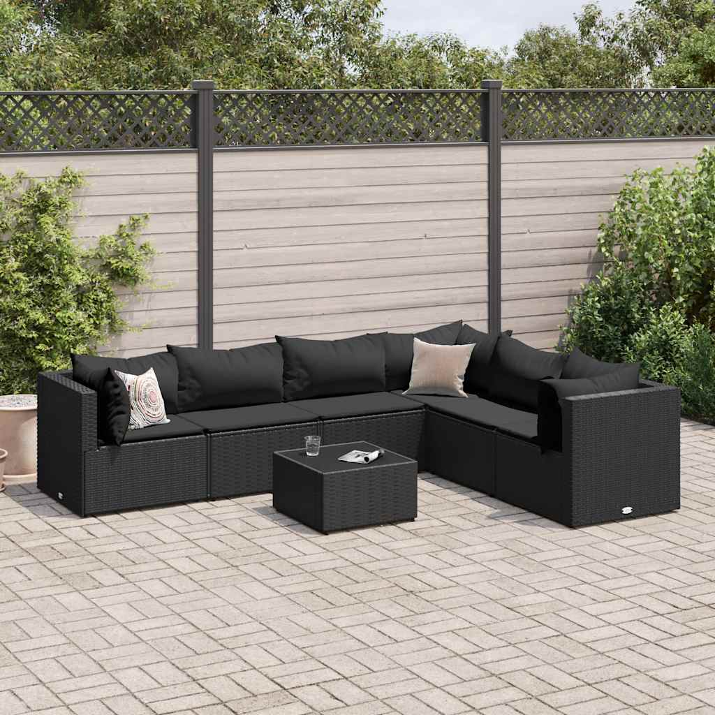 7-Tlg. Garten-Lounge-Set Mit Kissen Schwarz Poly Rattan