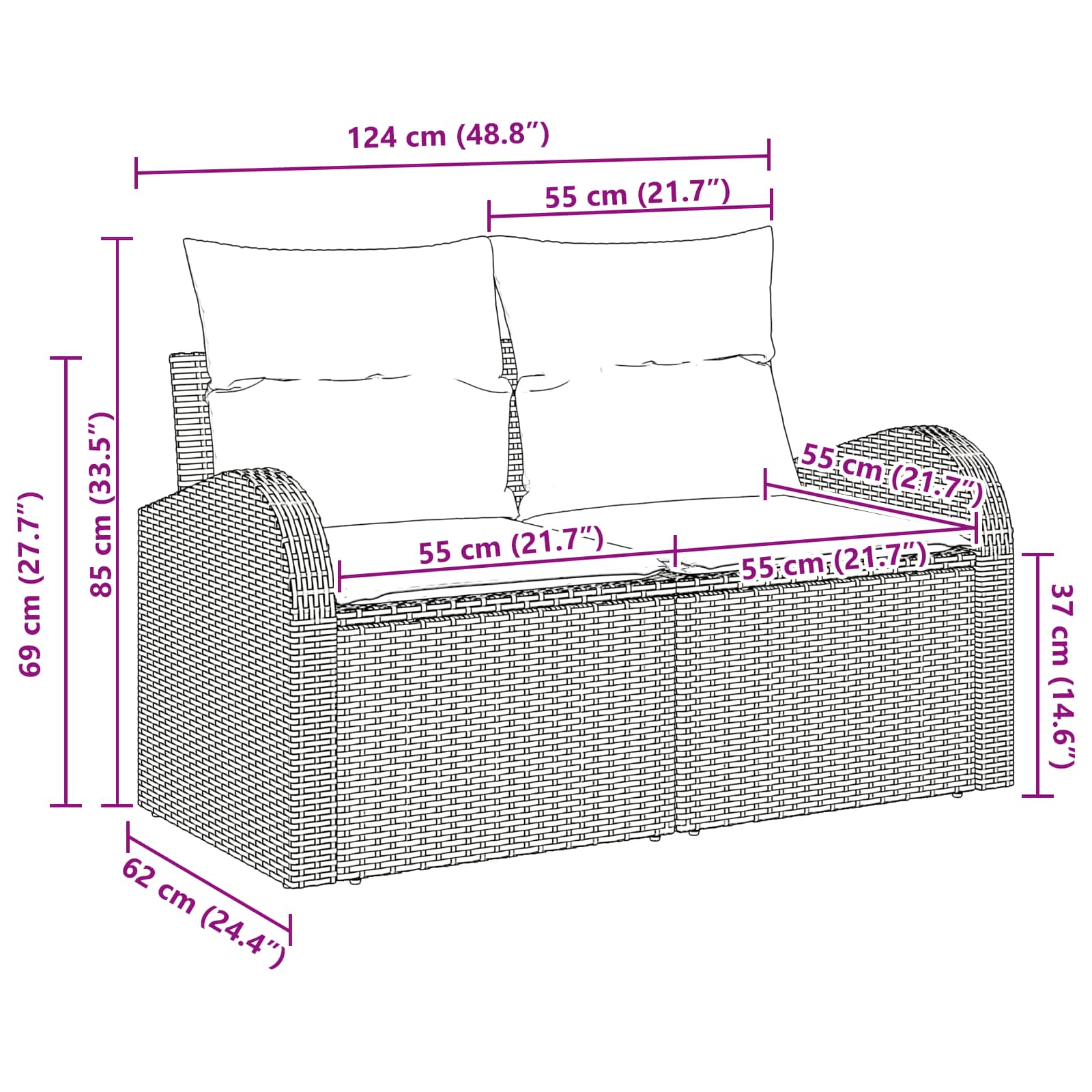 Gartensofa 124 X 62 X 85Cm Poly-Rattan