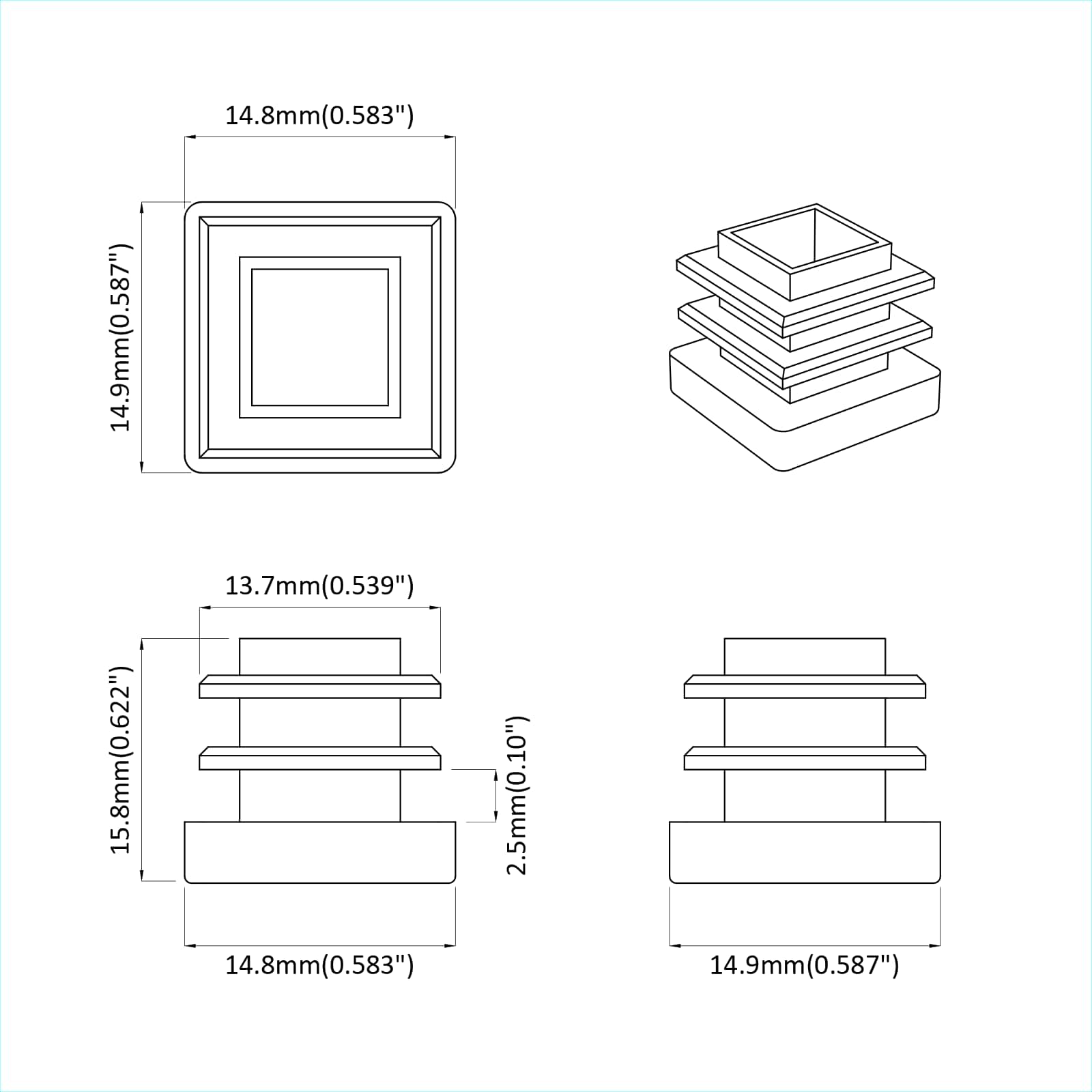 Endkappen 12 Pcs Schwarz 15 X 15 X 15 Mm Pp