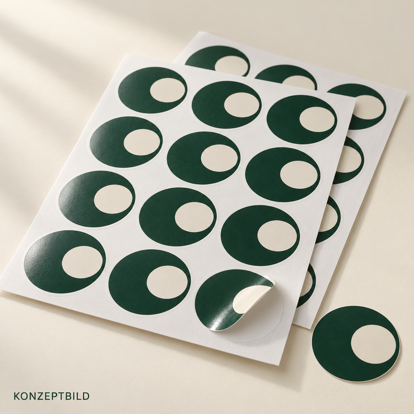 KI-generierte Konzeptillustration: Runde dunkelgrüne Sticker mit abstraktem Kreismotiv auf weißen Sammelbögen, ein Sticker leicht abgelöst. Kein physisches Muster, keine Kundenreferenz.