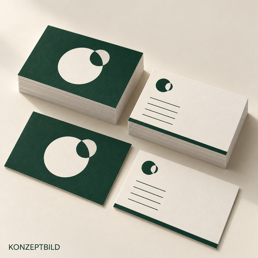 KI-generierte Konzeptillustration: Stapel und einzelne matte Visitenkarten mit dunkelgrüner Vorderseite und heller Rückseite mit geometrischen Gestaltungselementen. Kein physisches Muster, keine Kundenreferenz.