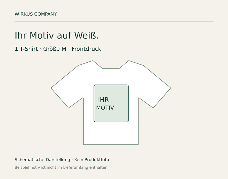 Weißes T-Shirt Größe M mit Platzhalter für den Frontdruck; schematische Darstellung, kein Produktfoto.