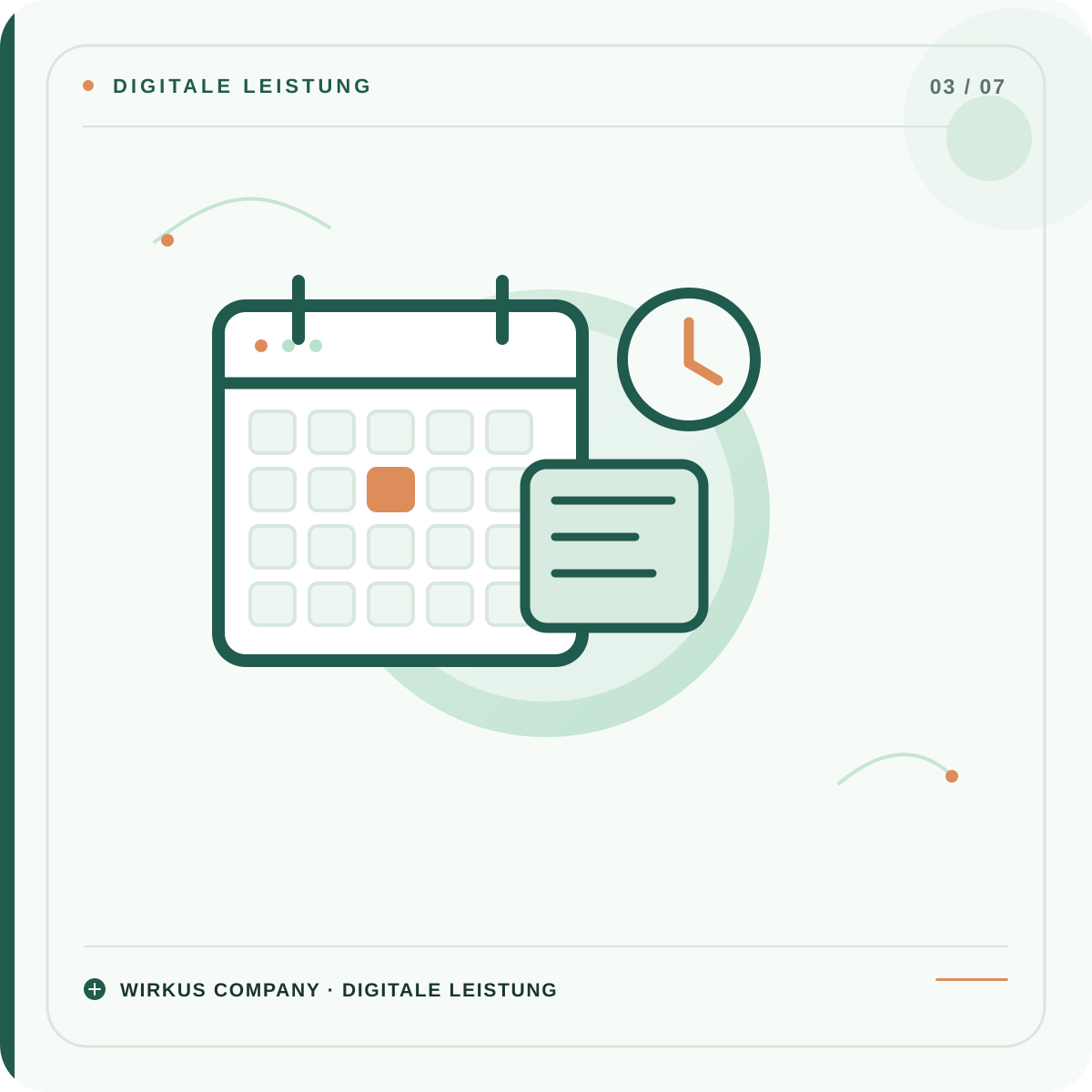 Wirkus Company – Microsoft Bookings: Kalender mit markiertem Datum, Zeitfenster und Uhr.