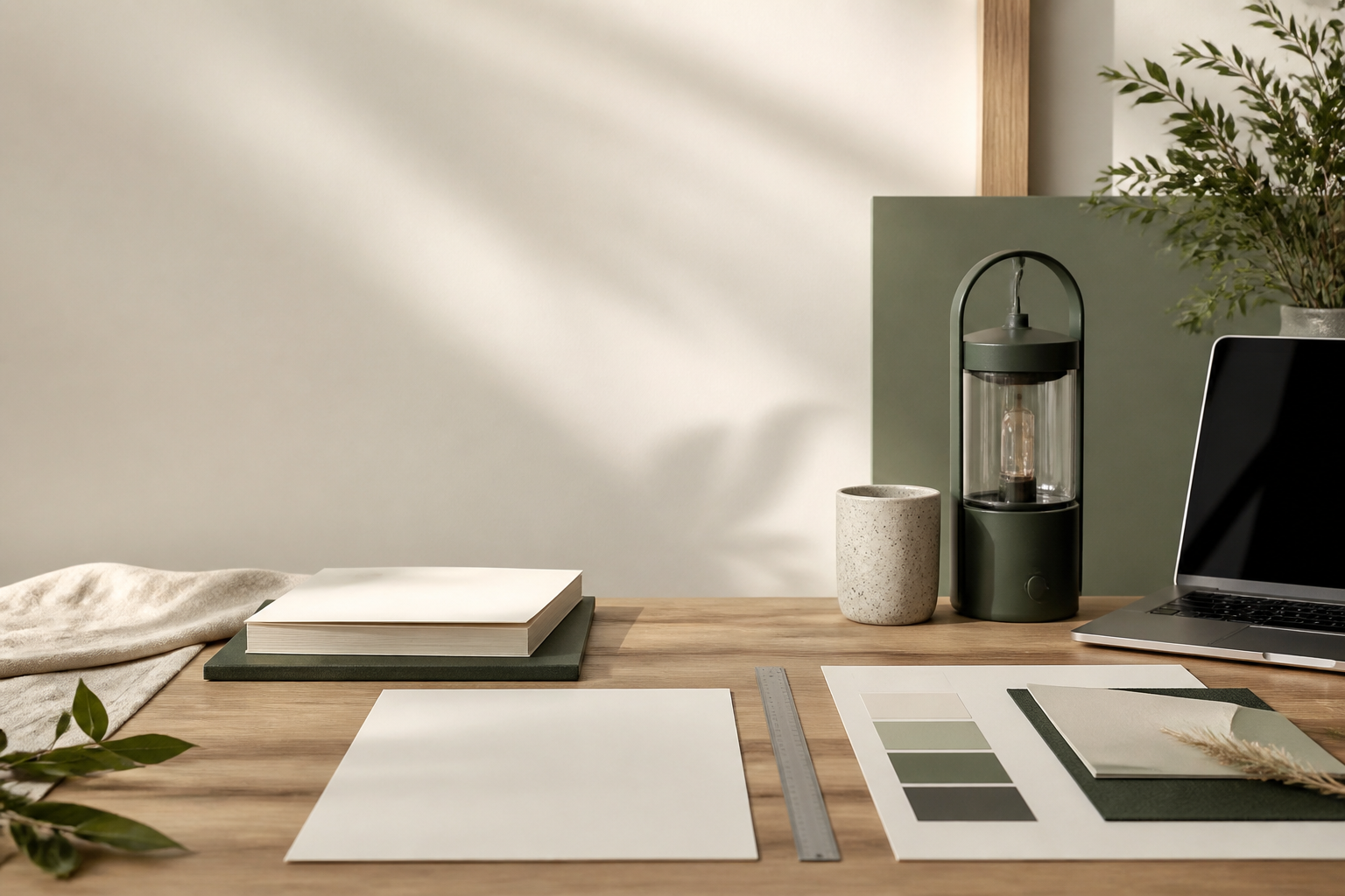 WirkusBase Arbeitsplatz mit Papier, Lineal und digitalen Unterlagen in warmen Naturtönen