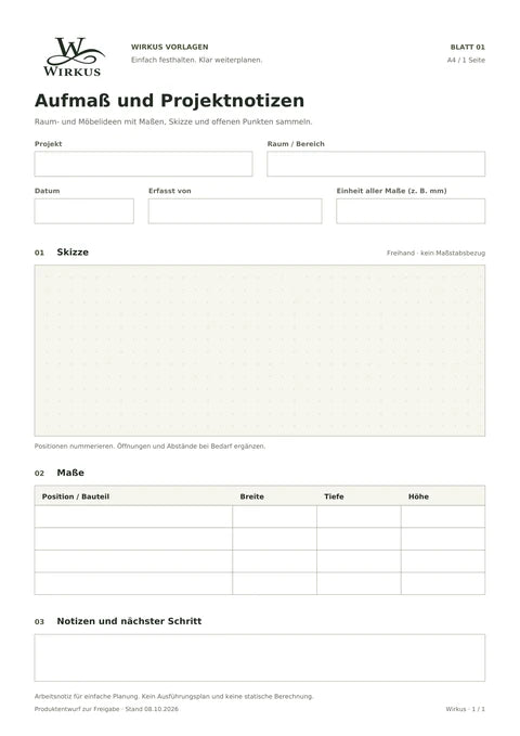 Tatsächliche PDF-Vorschau: Aufmaß und Projektnotizen mit Punktraster, vier Maßzeilen und Notizfeld.