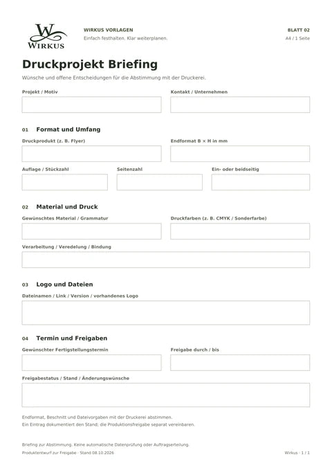 Tatsächliche PDF-Vorschau: Druckprojekt Briefing mit Feldern für Format, Material, Dateien, Termin und Freigabestand.